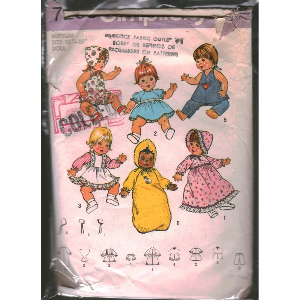 Vintage Simplicity 7208 Doll Clothes Pattern Medium‎ 15-16.5 Inch Wardrobe Dress